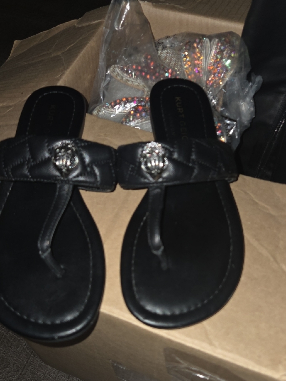 Kurt Geiger Black Quilted Leather Toe-Post Sandals with Silver Logo